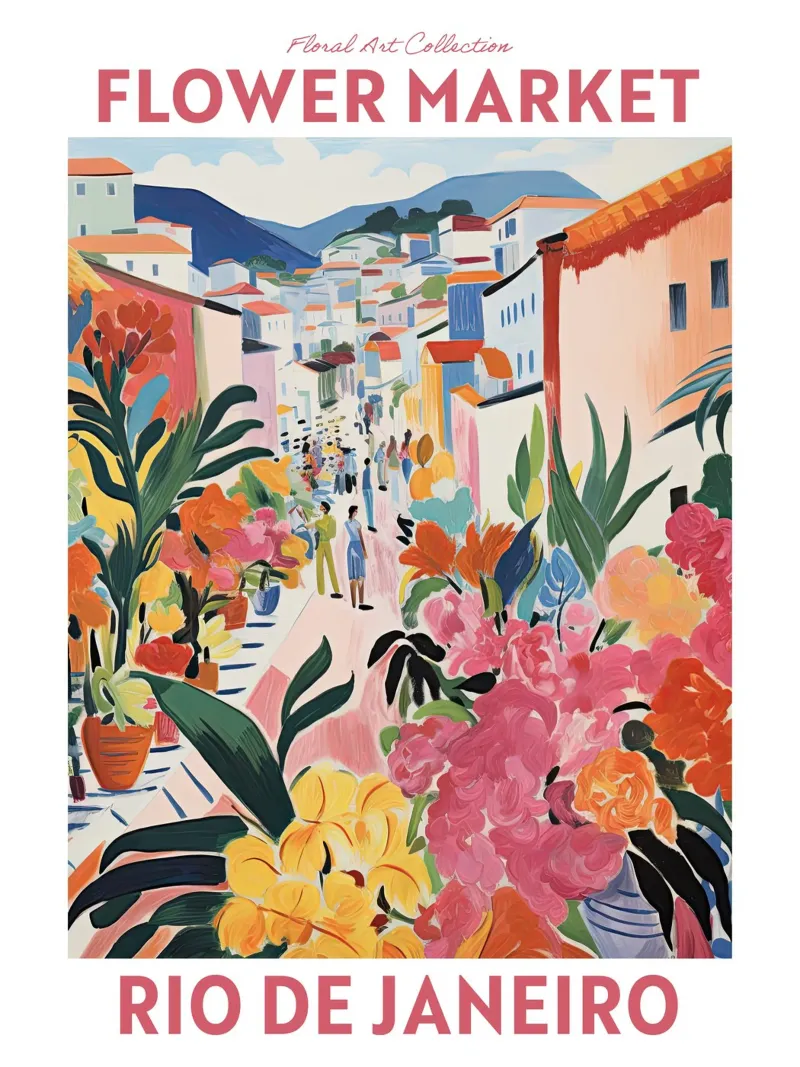 Mercato dei fiori, Rio de Janeiro, Brasile, Viaggio botanico poster con telaio in alluminio da Peaches Art Prints