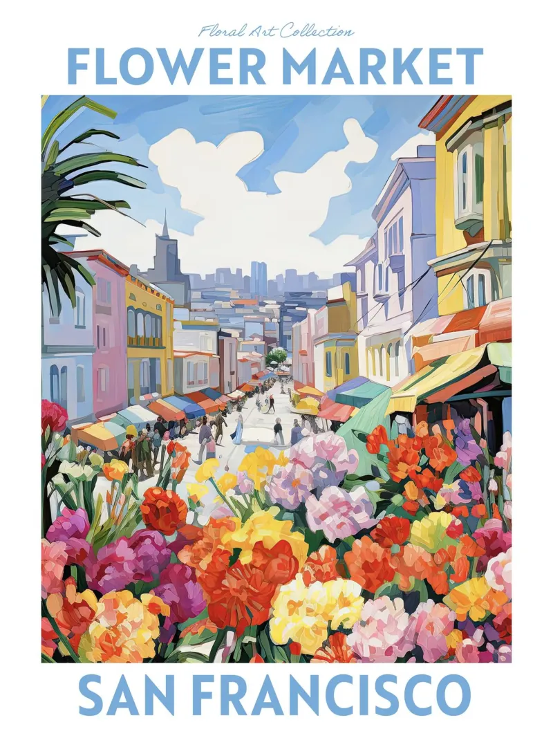 Mercato dei fiori, San Francisco, California Viaggio Botanico poster con telaio in legno da Peaches Art Prints