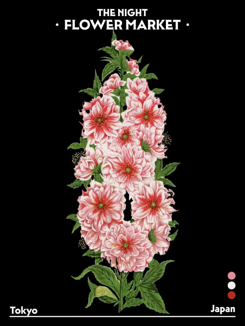 Mercato notturno dei fiori - Vintage Botanical, Tokyo Giappone poster da Peaches Art Prints