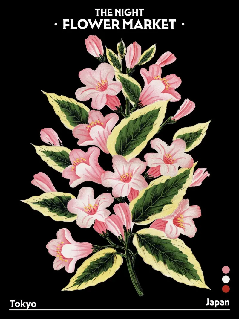 Mercato notturno dei fiori - Vintage Botanical, Tokyo, Giappone poster da Peaches Art Prints
