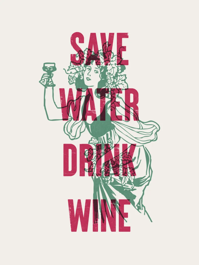 Risparmiare acqua bere vino poster con telaio in legno da Vintagrafica
