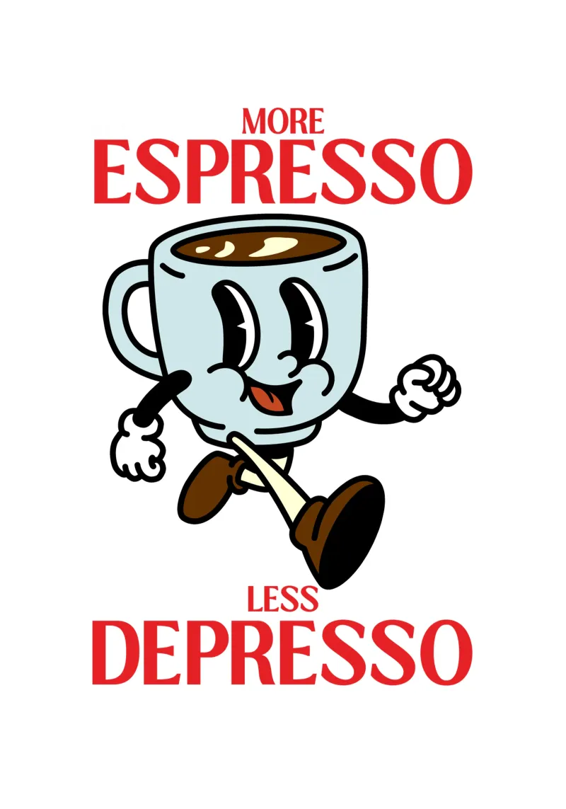 Más espresso, menos depresso, caricatura de café retro metacrilato de Peaches Art Prints