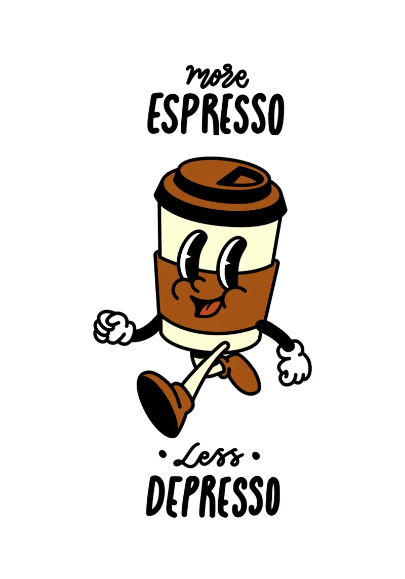 Más espresso, menos depresso, caricatura retro de café para llevar lámina retroiluminada de Peaches Art Prints