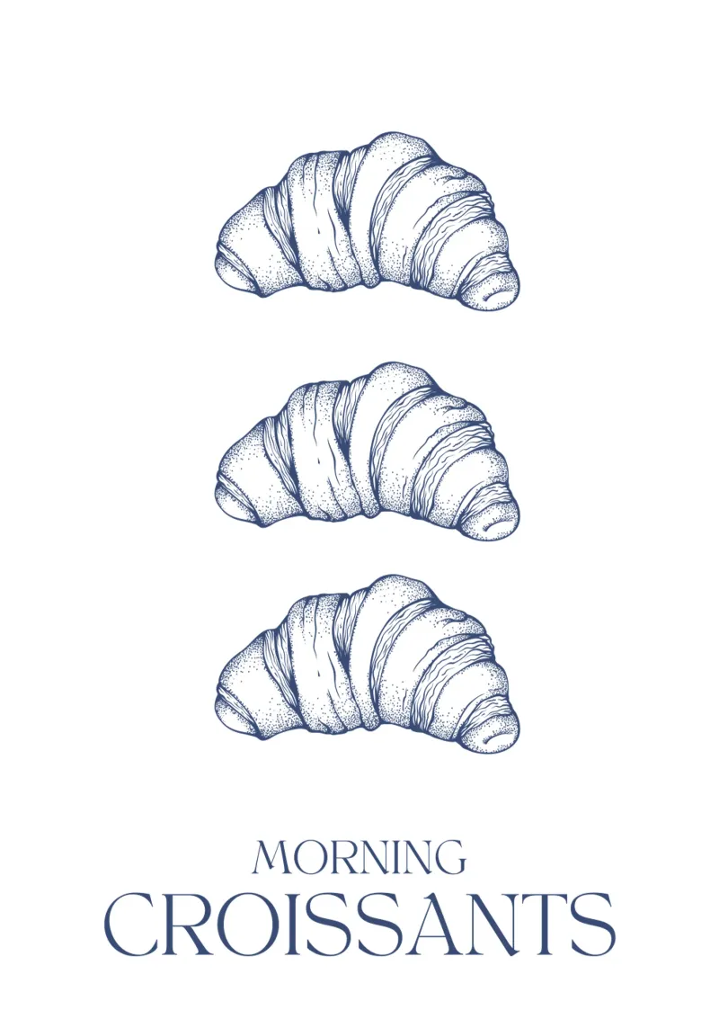 Croissant del mattino - Illustrazione alimentare poster con telaio in legno da Peaches Art Prints