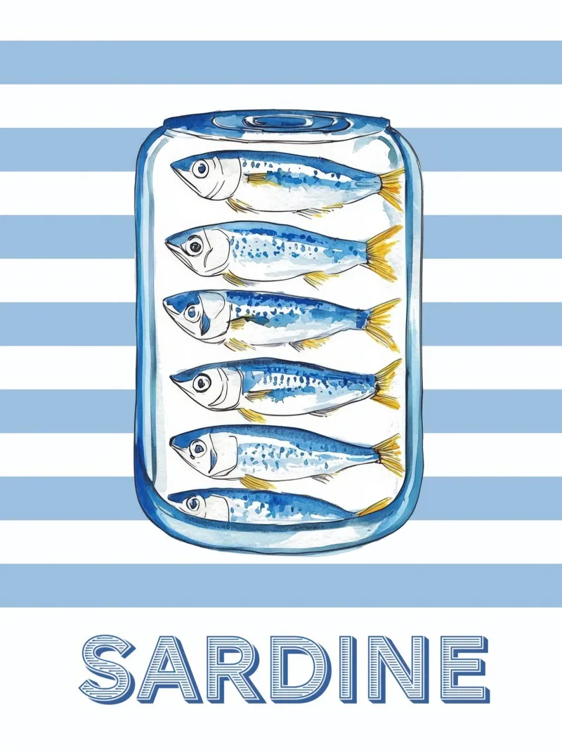 Canned Sardines Blue Stripe Fisherman Summer Beach Kitchen hahnemühle by Gentle Echoes Art
