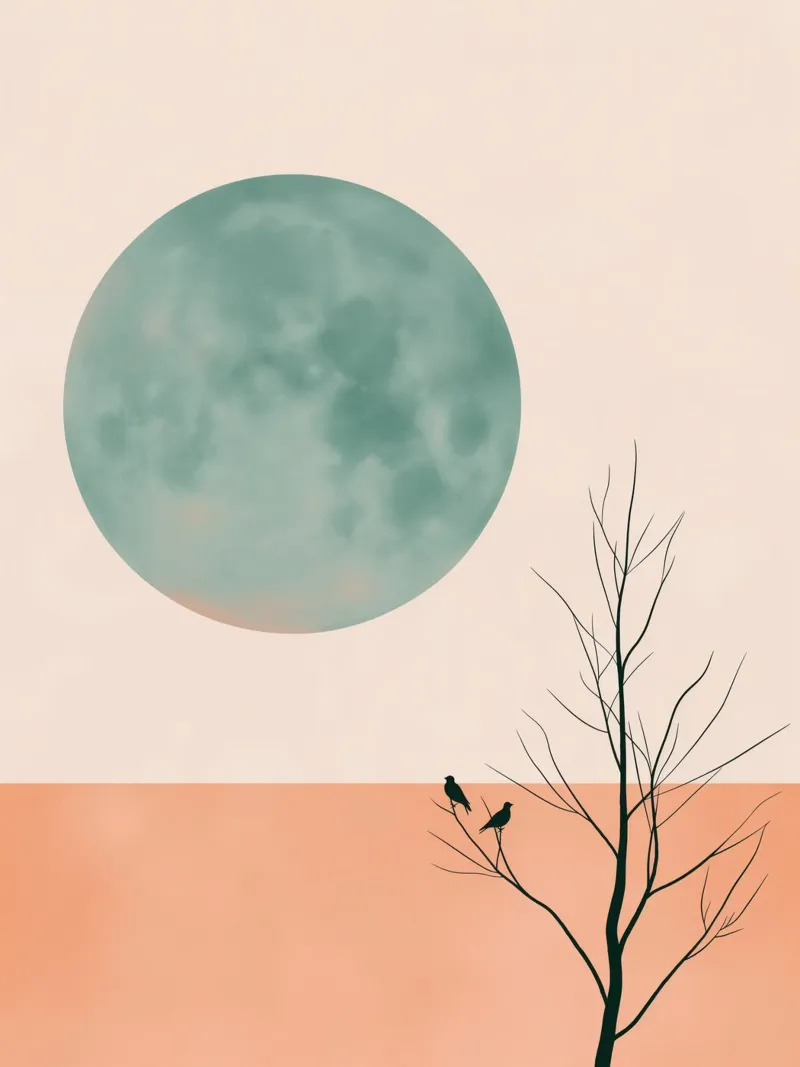 Luna verde e uccelli poster con telaio in plastica da DWA