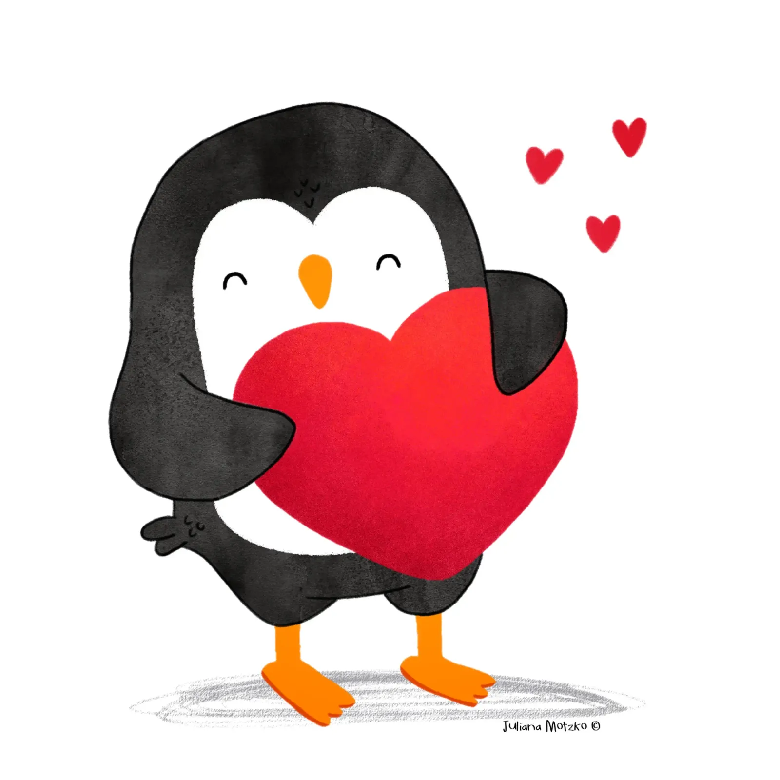 Pinguino felice con un grande cuore rosso pellicola backlit da julianamotzko