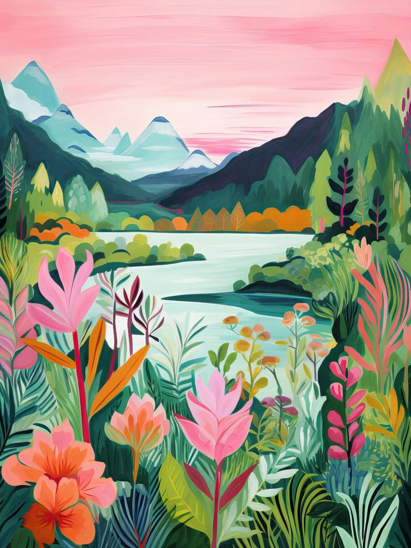 Montañas de ladera, Lago, Arte de viajes poster de Peaches Art Prints