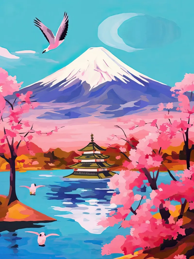 Giappone, Monte Fuji, Ciliegio in fiore, Arte di viaggio pellicola backlit da Peaches Art Prints
