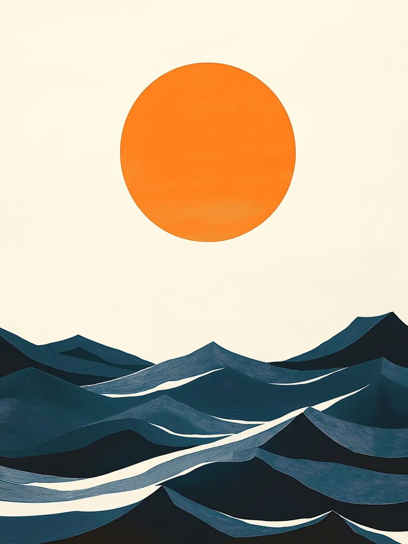 Un sole arancione su un mare agitato carta hahnemühle da DWA