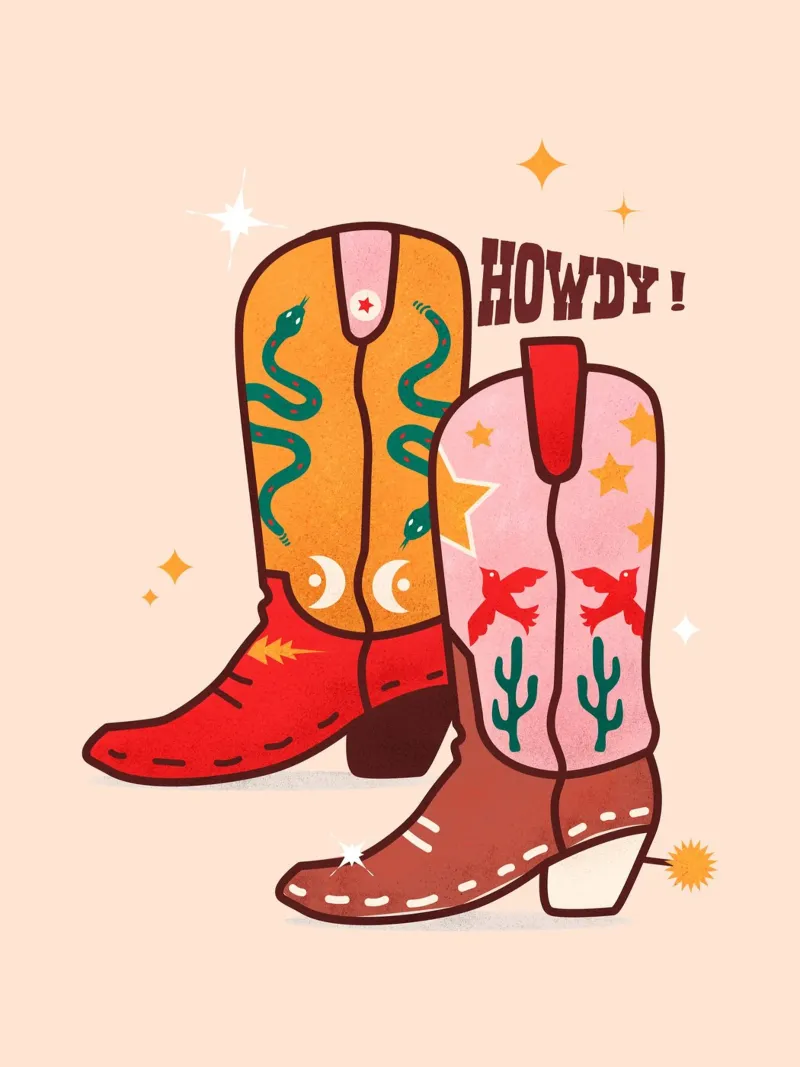 Howdy Western Cowboy Boots Playful Folk Art Print alluminio dibond da showmemars