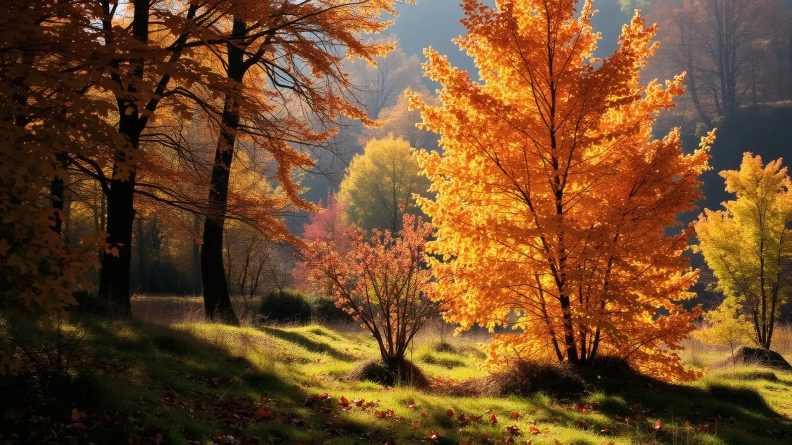 Vibrante fogliame autunnale in una foresta che mostra foglie colorate pellicola backlit da DesignDoodle
