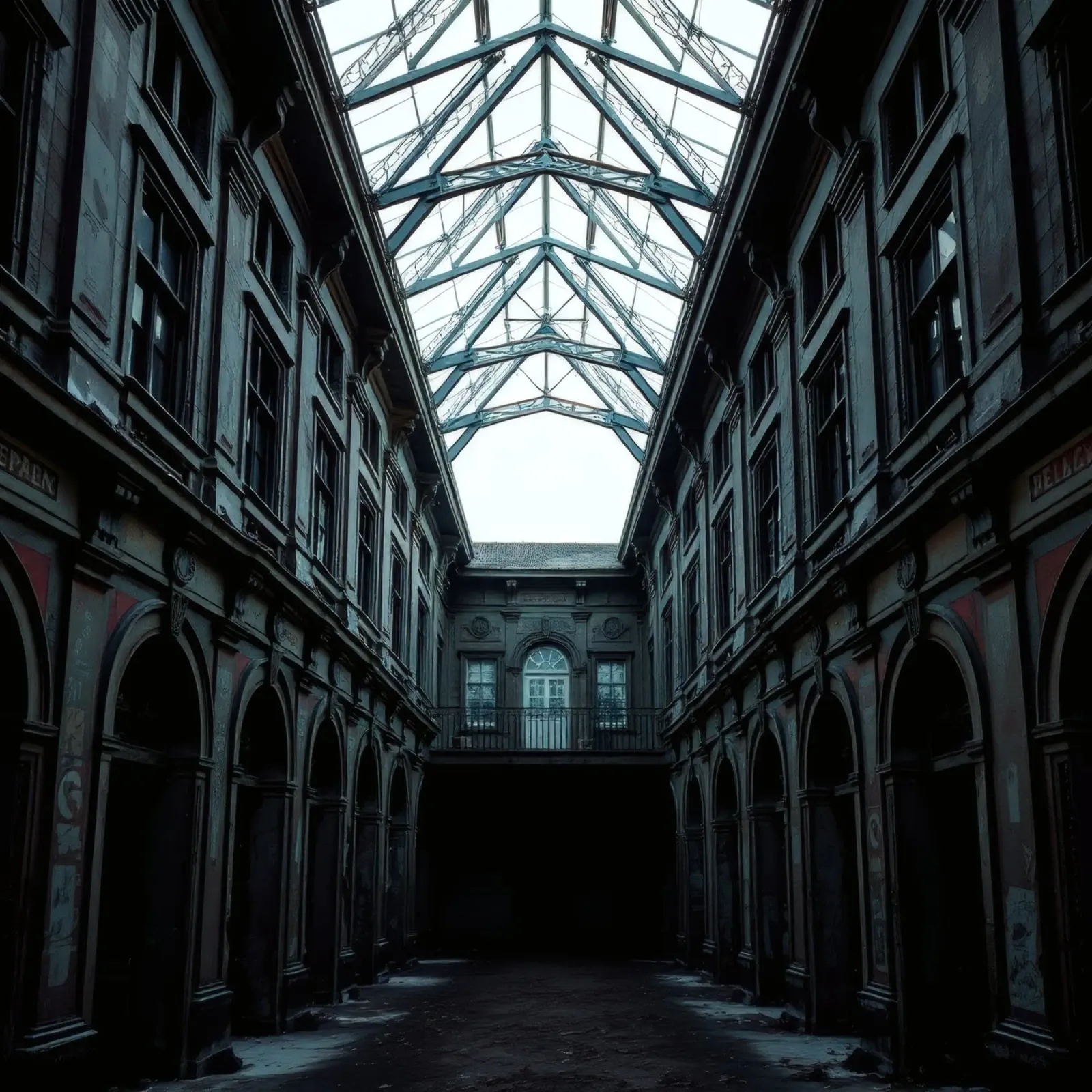 Cortile abbandonato con tetto in vetro che mette in mostra l'architettura pellicola backlit da DesignDoodle