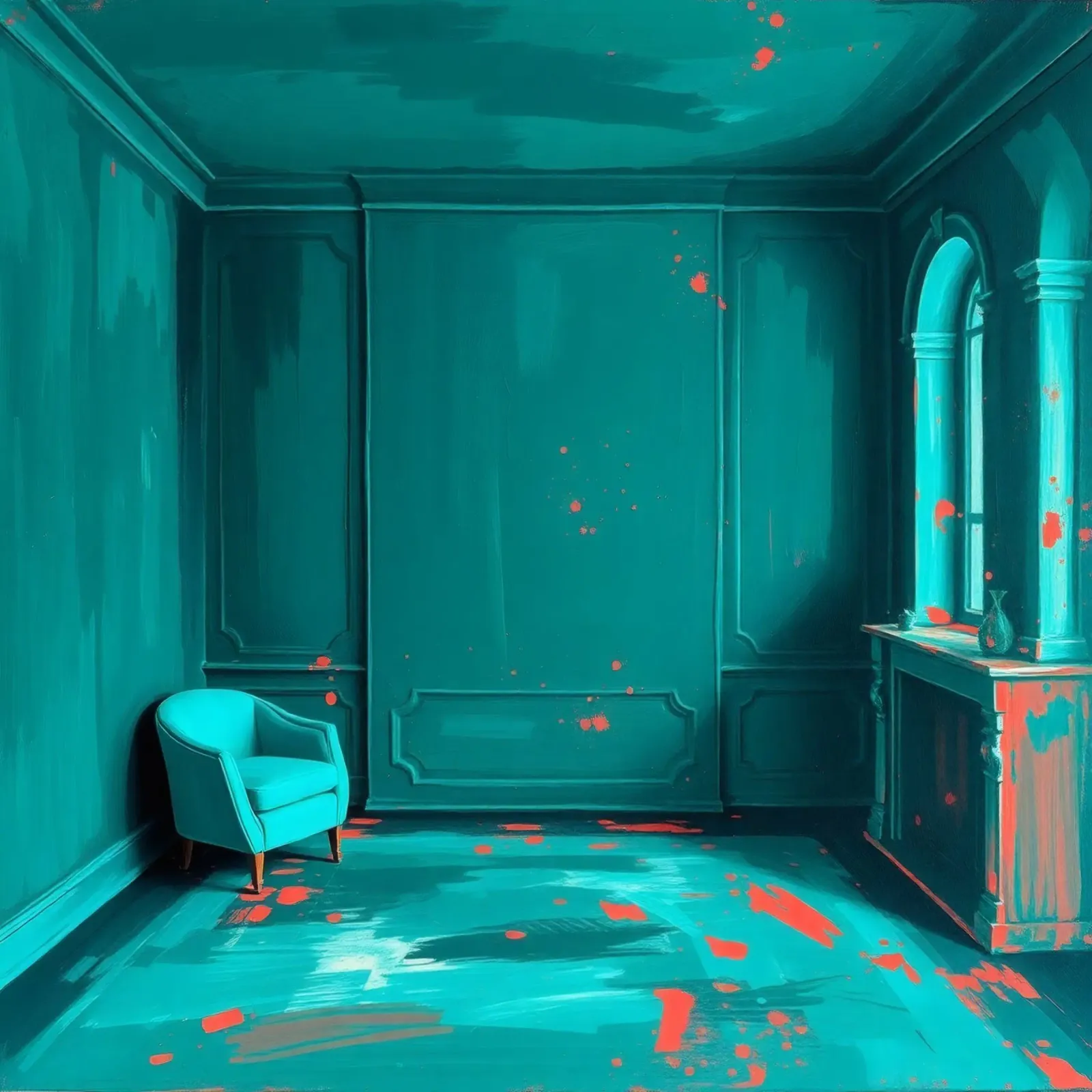 interni verde acqua con spruzzi di rosso, caratterizzati da un'elegante poltrona carta hahnemühle da DesignDoodle