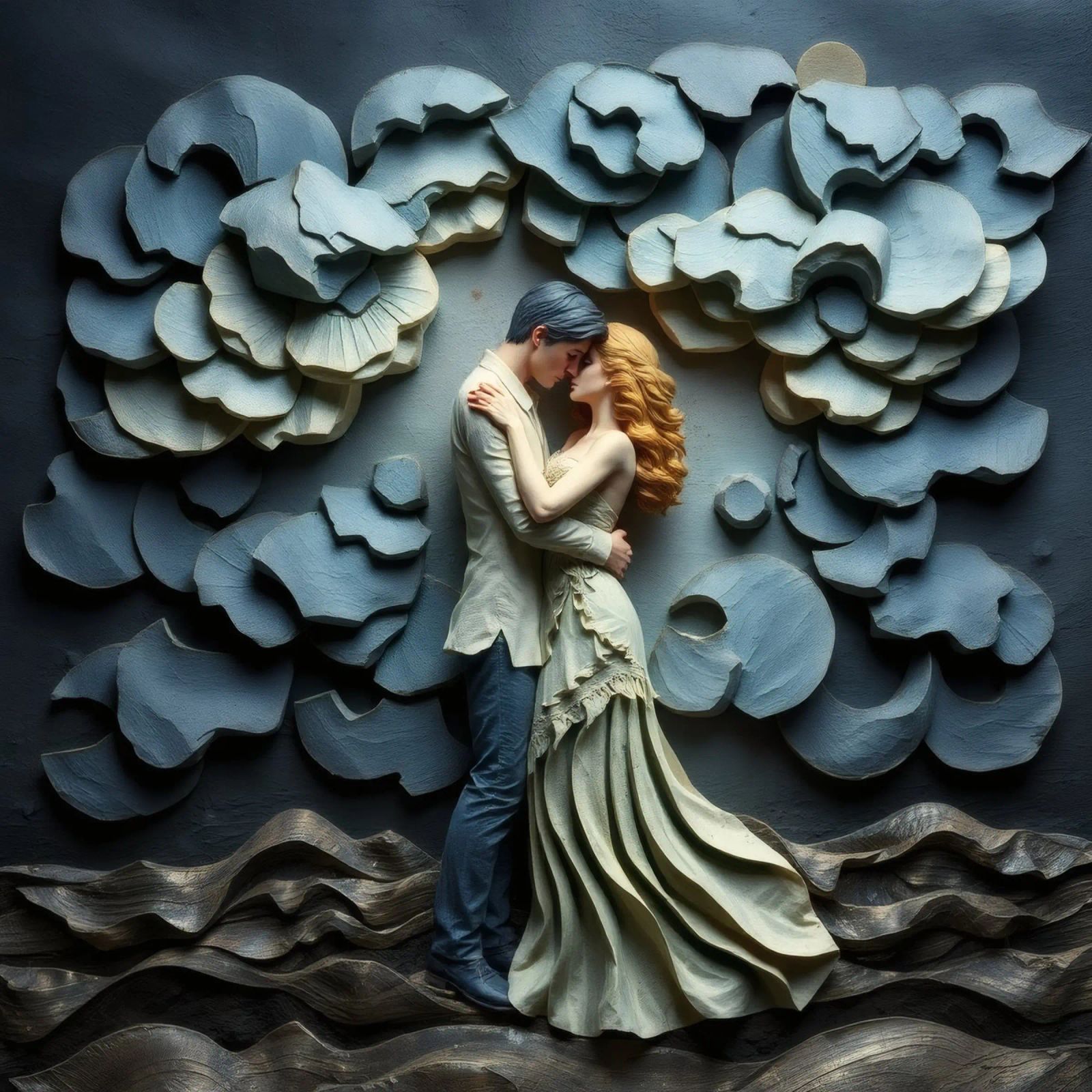 Embracing love amidst artistic waves and clouds poster by DesignDoodle