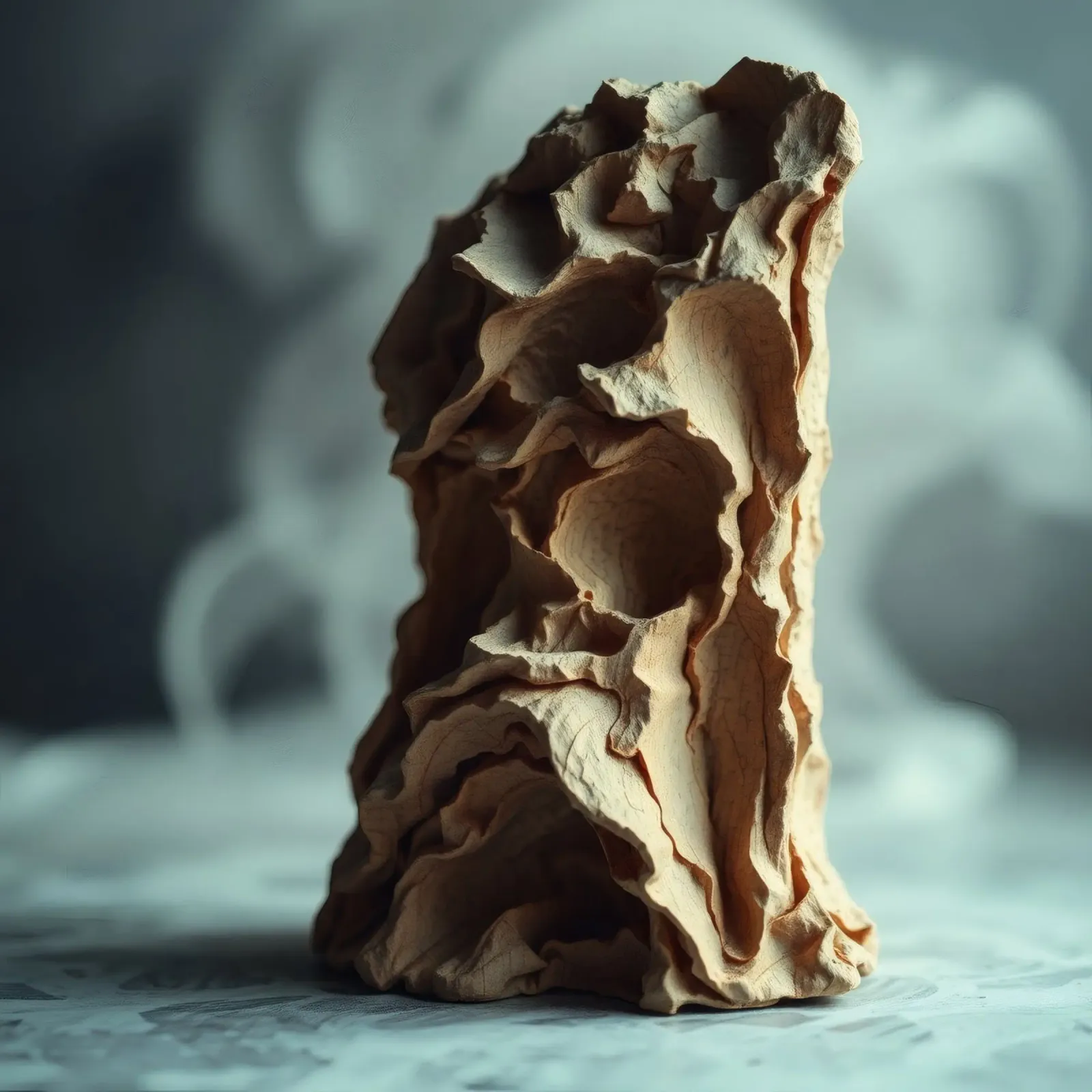 Unique textured sculpture displayed against a soft gray hahnemühle by DesignDoodle