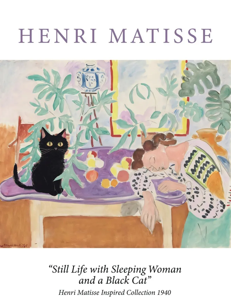 Henri Matisse, dipinto Donna addormentata con gatto poster con telaio in legno da Peaches Art Prints