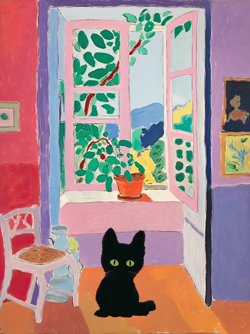 Cat Art, Matisse Open Window And Plants With A Black Cat canvas by Peaches Art Prints