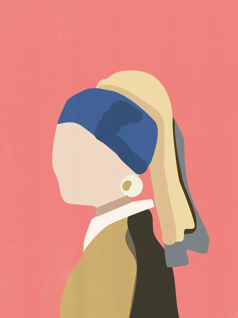 Ragazza con l'orecchino di perla, Johannes Vermeer, illustrazione rosa poster con telaio in legno da Peaches Art Prints
