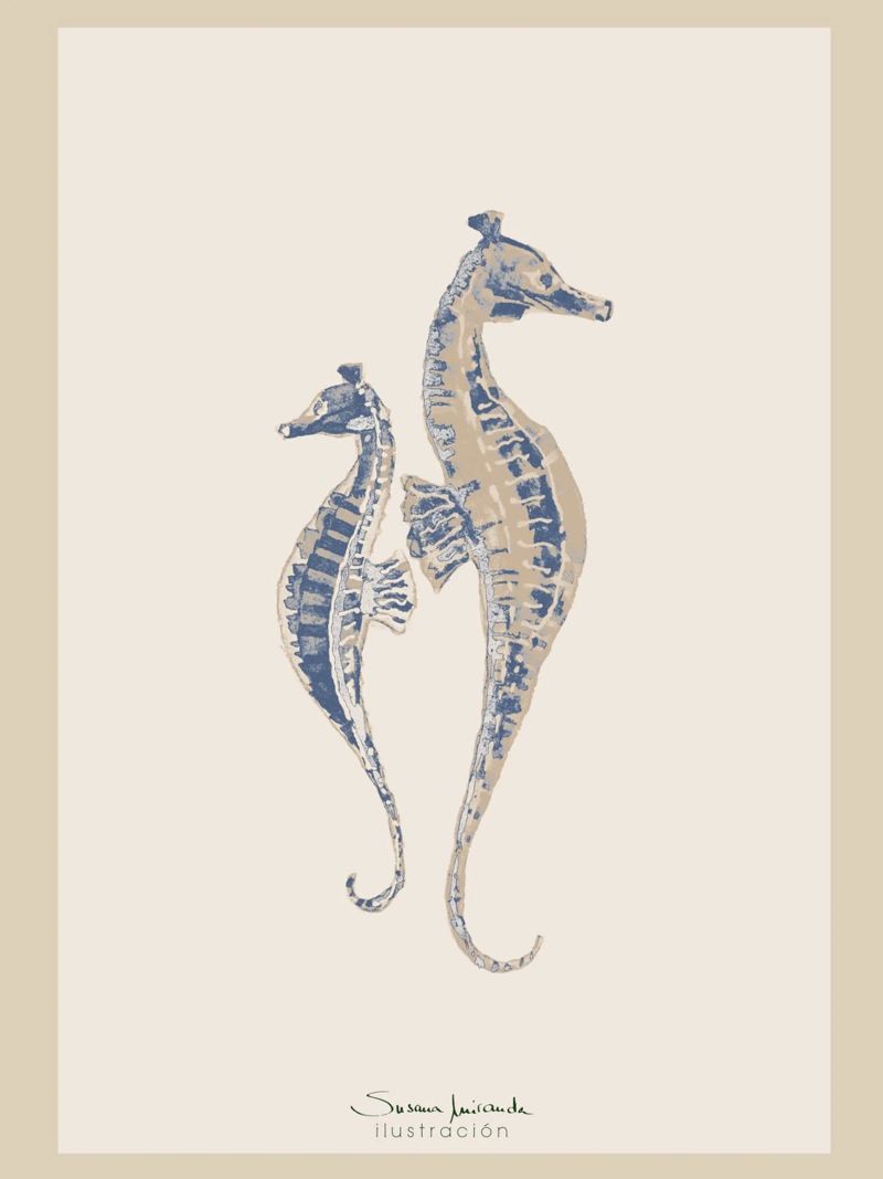 Seahorses blue and beige poster by Art by Susana Miranda ilustración