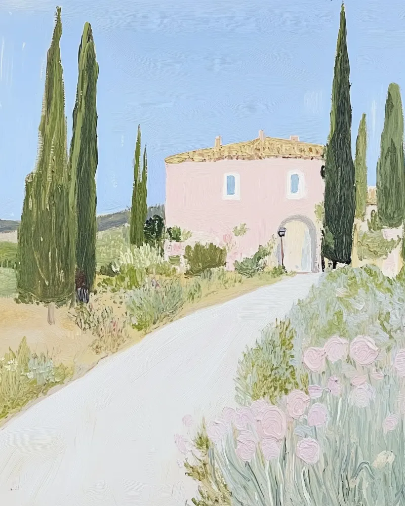 Italia, Toscana, Casa rosa, Colline, Arte da viaggio, Pittura carina poster con telaio in alluminio da Peaches Art Prints