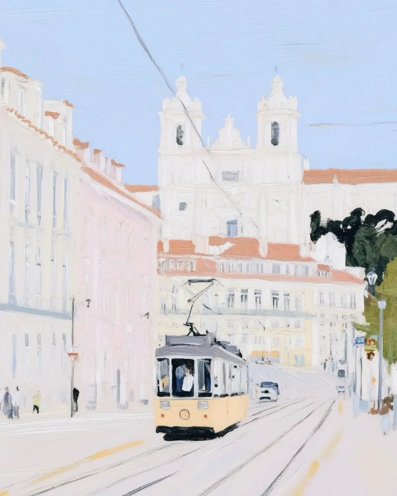 Lisbona, Portogallo, Tram, Arte di viaggio, Pittura carina pannello forex da Peaches Art Prints