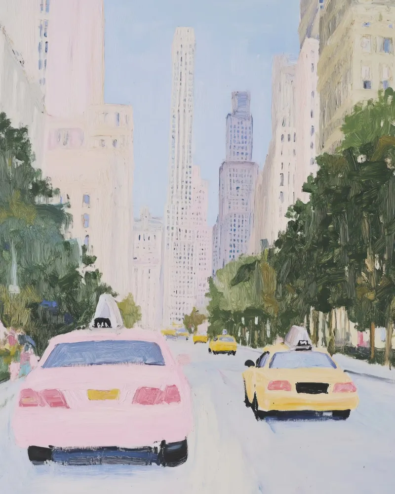 New York City, Taxi Street, Travel Art, Cute Painting hahnemühle by Peaches Art Prints