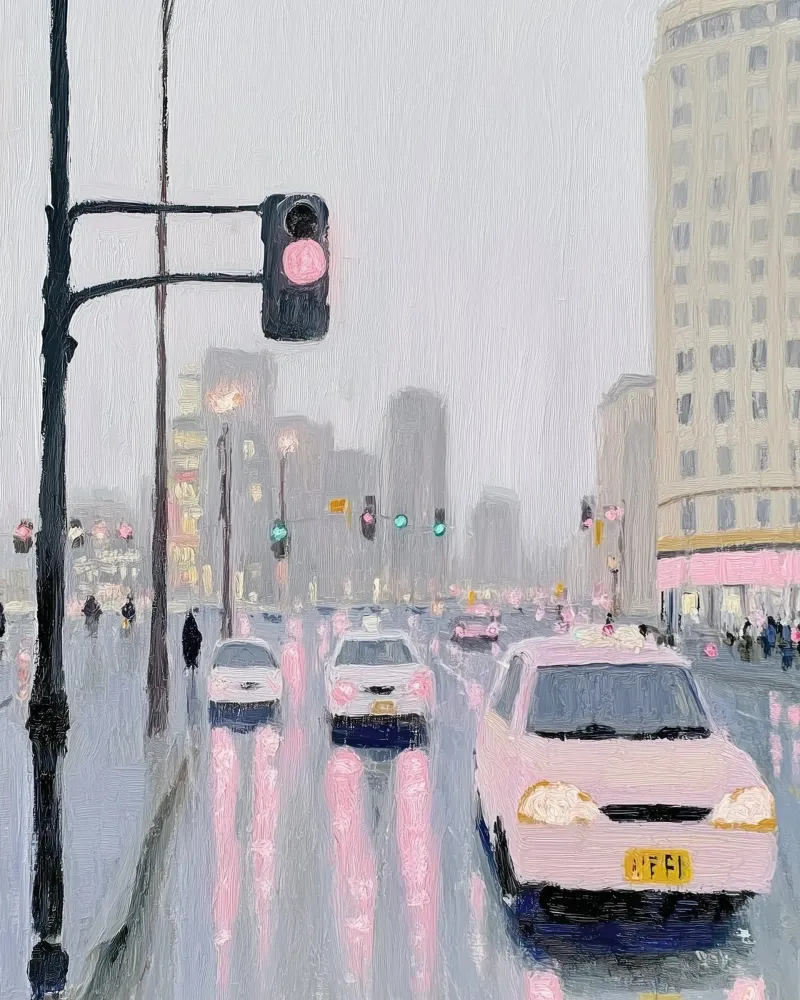 Giappone, strada di Tokyo sotto la pioggia, Arte di viaggio, Pittura carina poster con telaio in legno da Peaches Art Prints