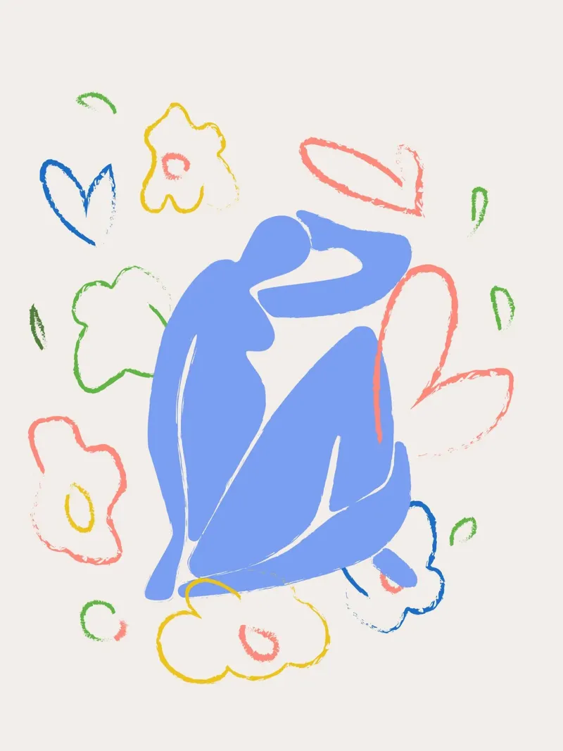 Figura blu di Matisse con fiori alluminio dibond da Peaches Art Prints