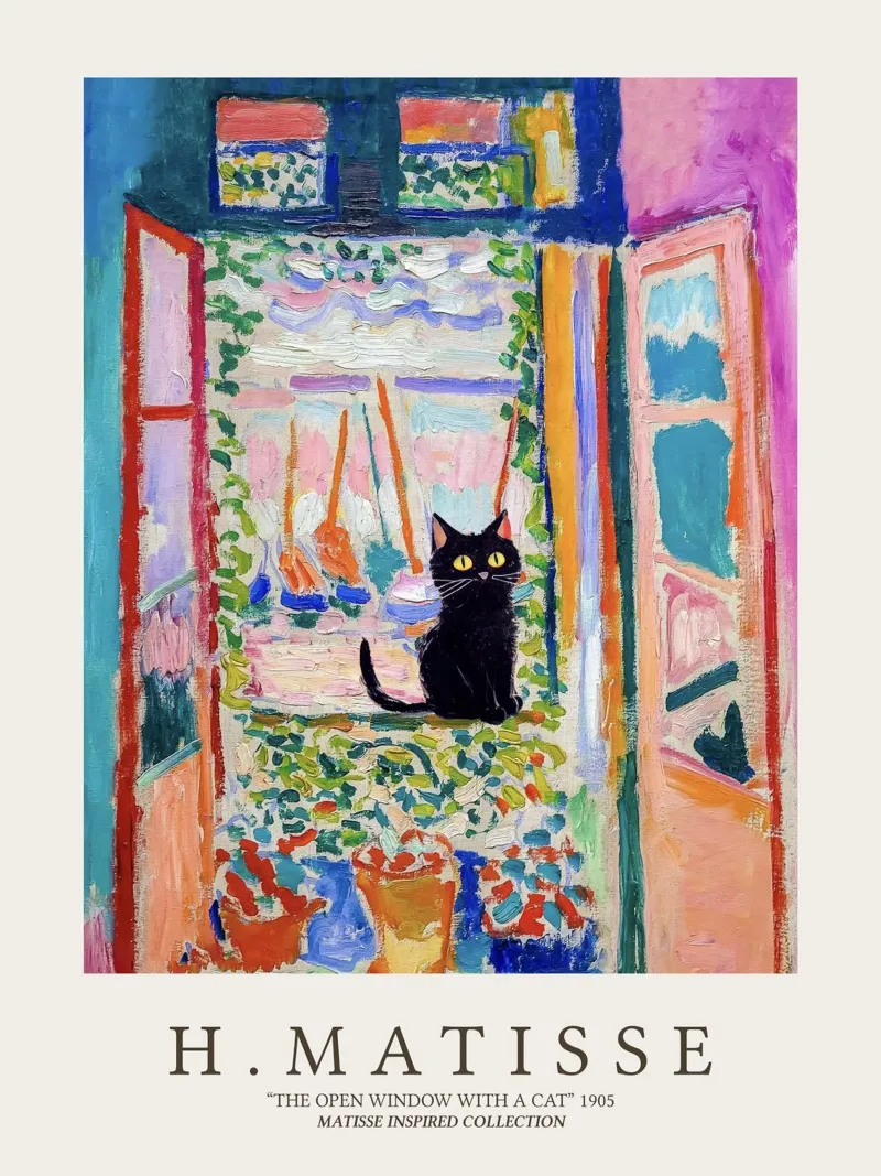 Het open raam met een zwarte kat, Henri Matisse poster met houten frame van Peaches Art Prints