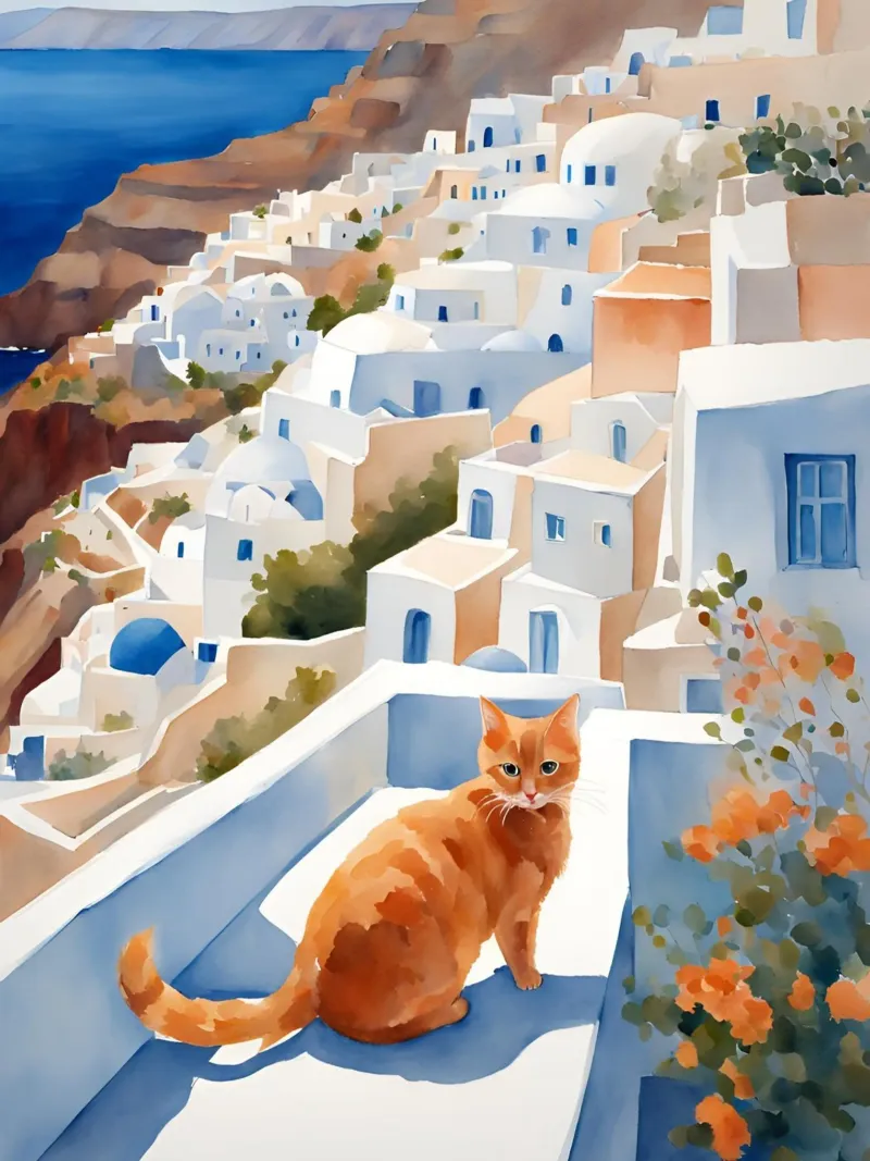 Gatto di Santorini carta hahnemühle da Lotta Cat Design