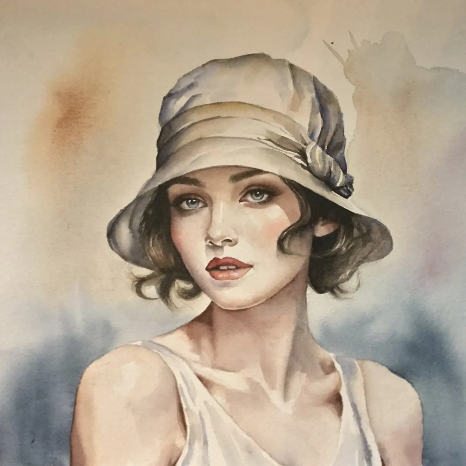 Acquerello di una donna elegante con un cappello pellicola backlit da HelenBarenton