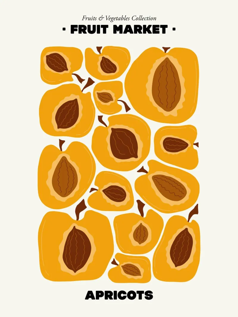Il mercato della frutta, illustrazione delle albicocche poster con telaio in alluminio da Peaches Art Prints