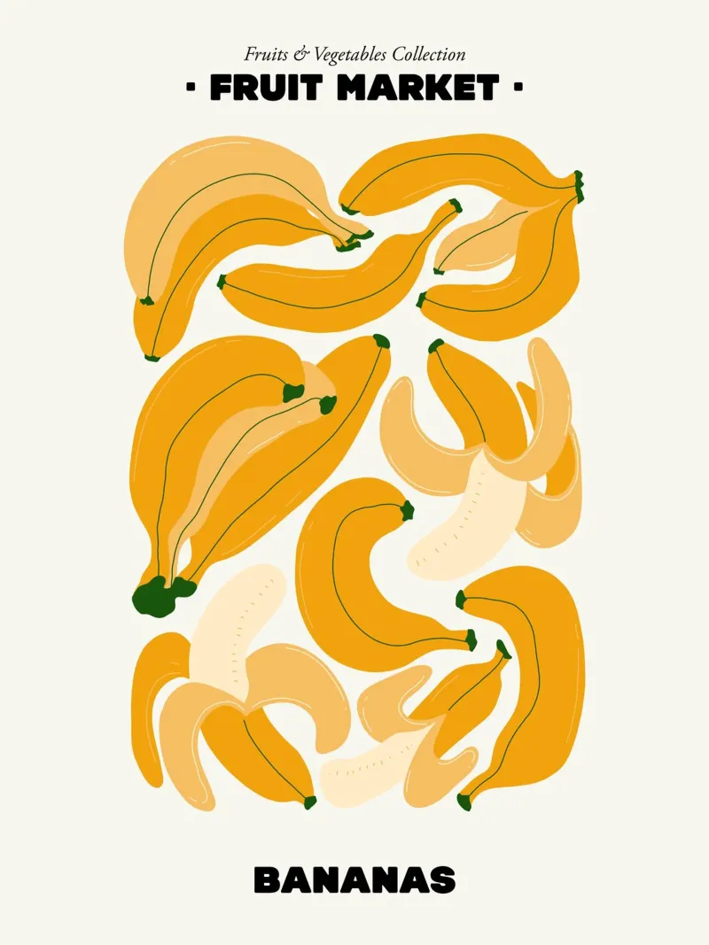 Il mercato della frutta, illustrazione delle banane poster con telaio in legno da Peaches Art Prints
