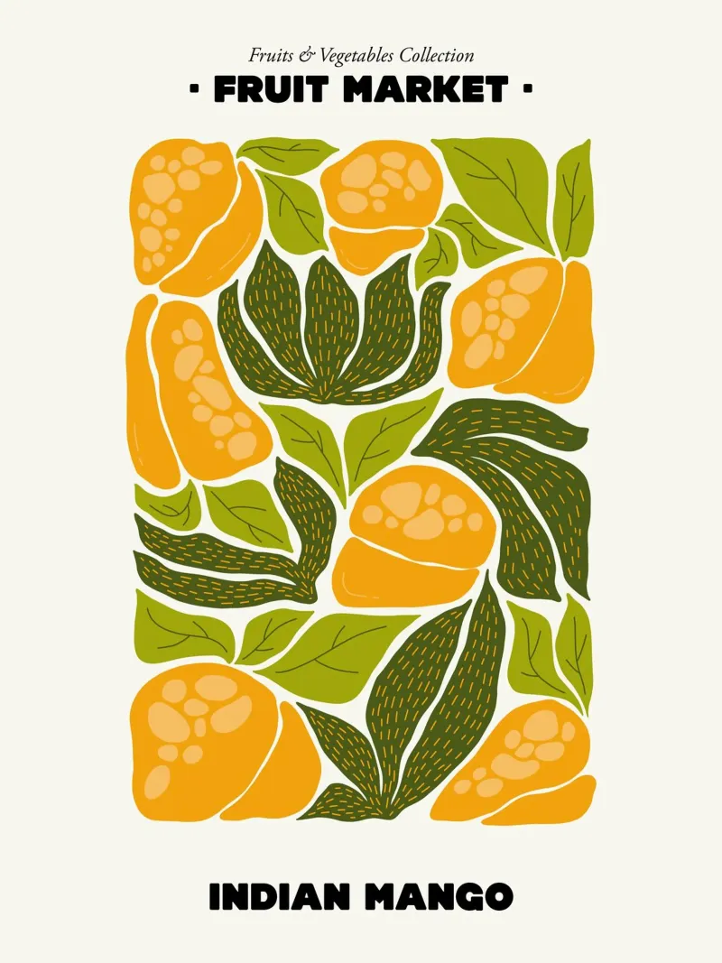 Il mercato della frutta, illustrazione del mango indiano poster con telaio in alluminio da Peaches Art Prints