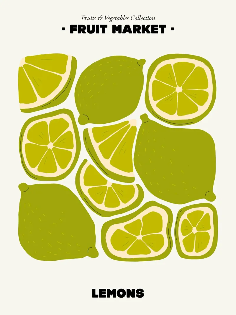Il mercato della frutta, illustrazione del limone poster con telaio in plastica da Peaches Art Prints