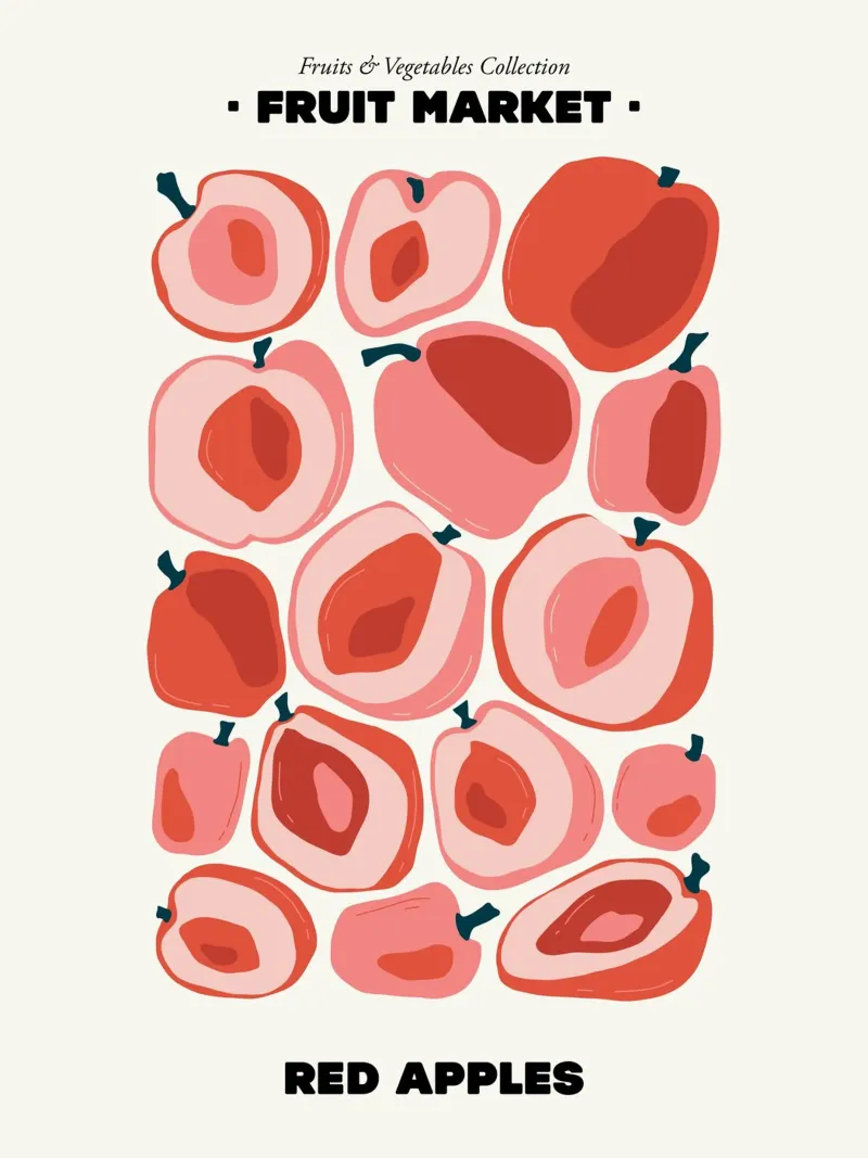 Il mercato della frutta, illustrazione delle mele rosse poster con telaio in plastica da Peaches Art Prints