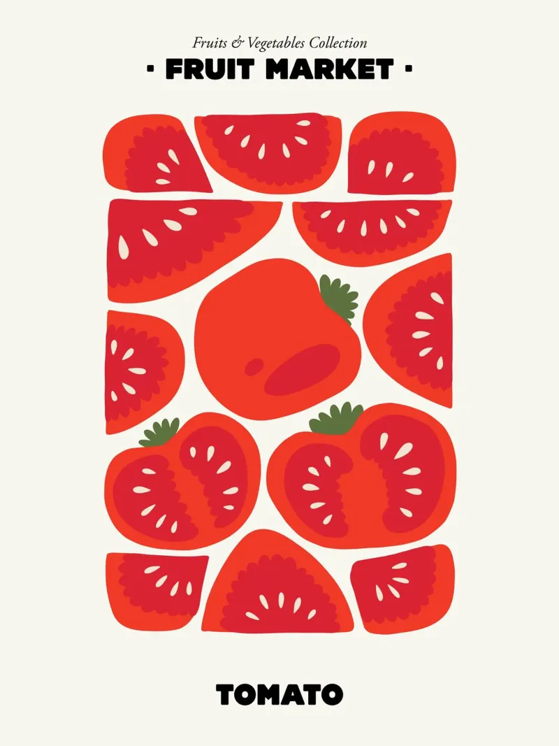 Il mercato della frutta, pomodoro Illustrazione massimalista poster con telaio in plastica da Peaches Art Prints