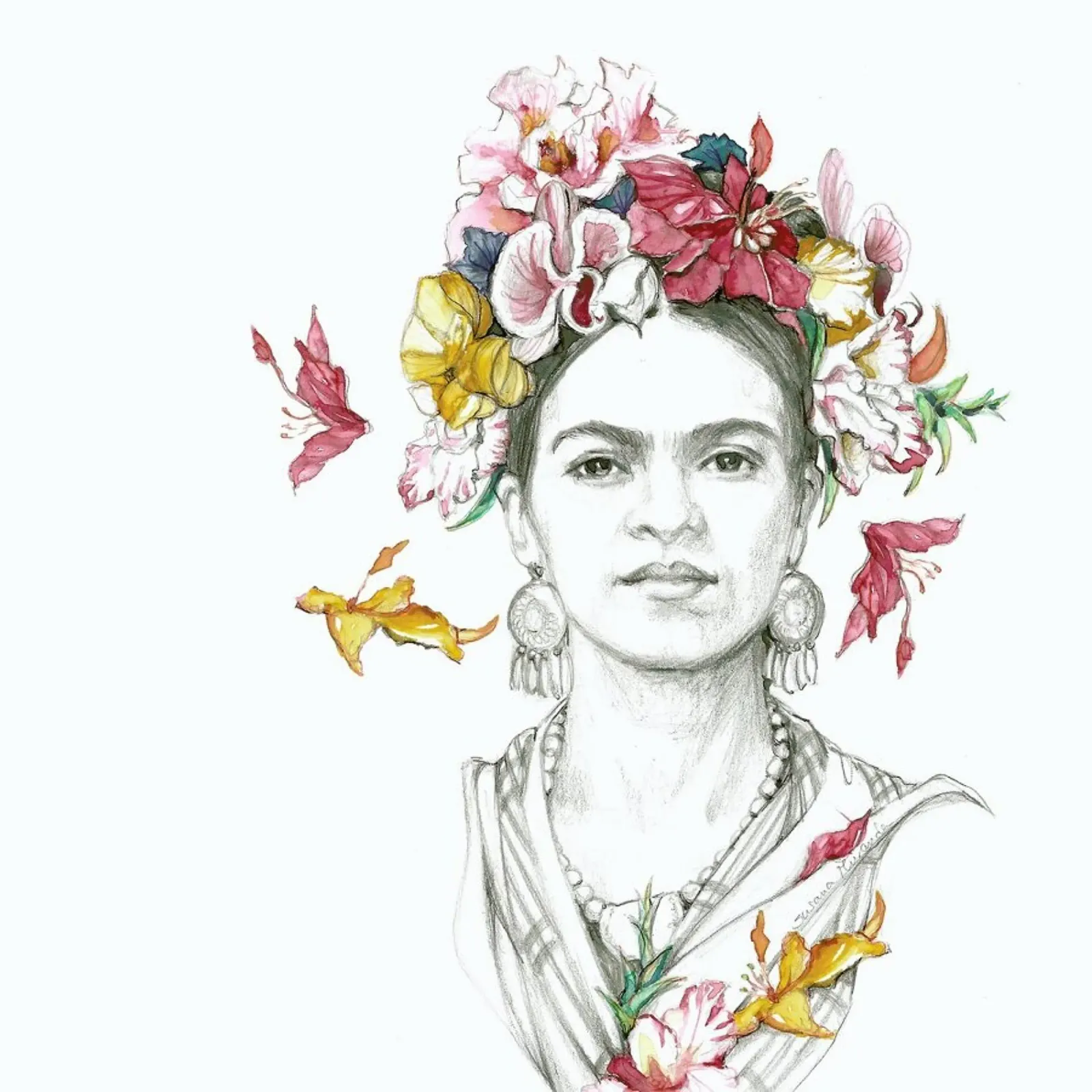 Ritratto fiorito di Frida Kahlo poster con telaio in legno da Susana Miranda ilustracion