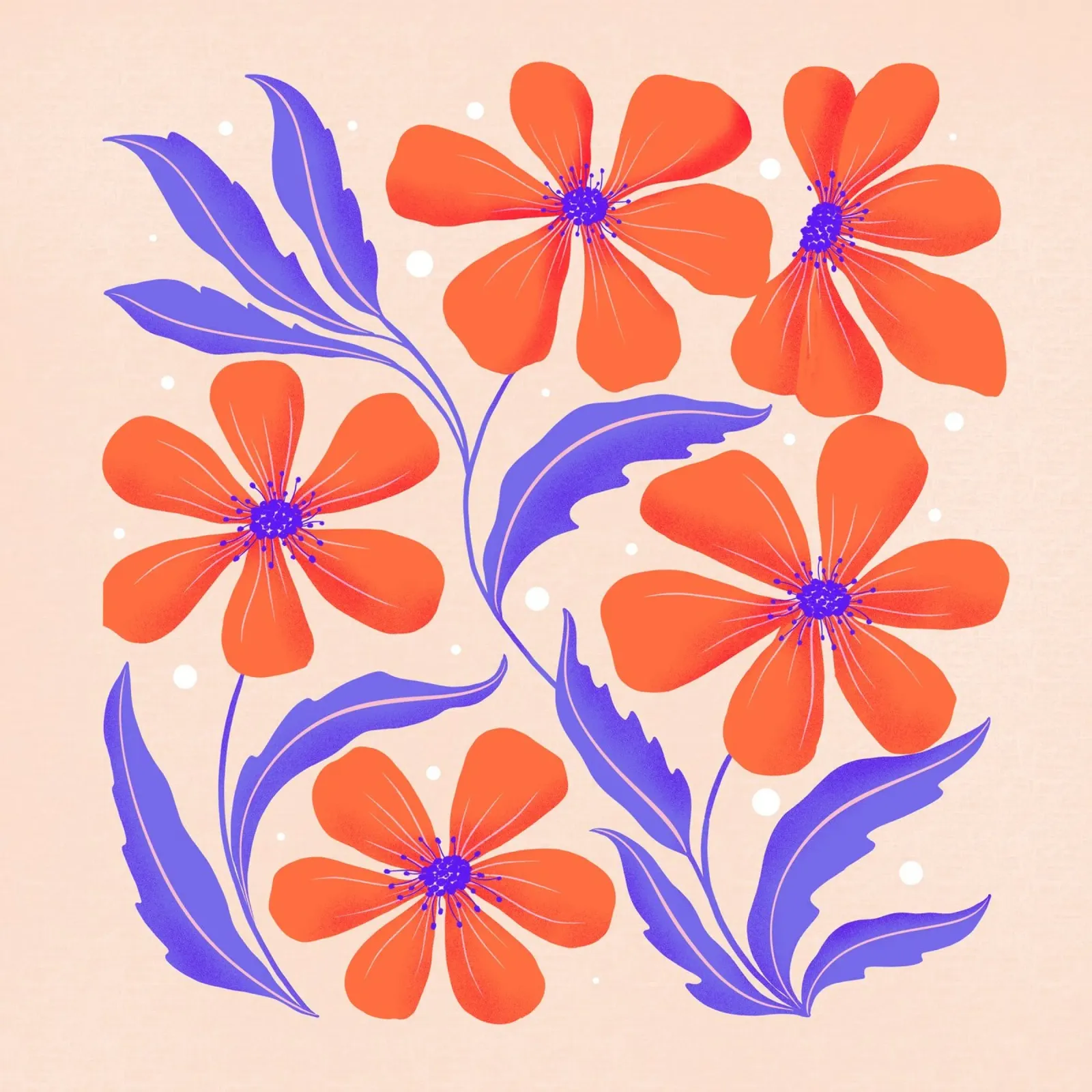 Arte botanica. Flower Power in Orange e Lila. Muster. tela da CalliLetters