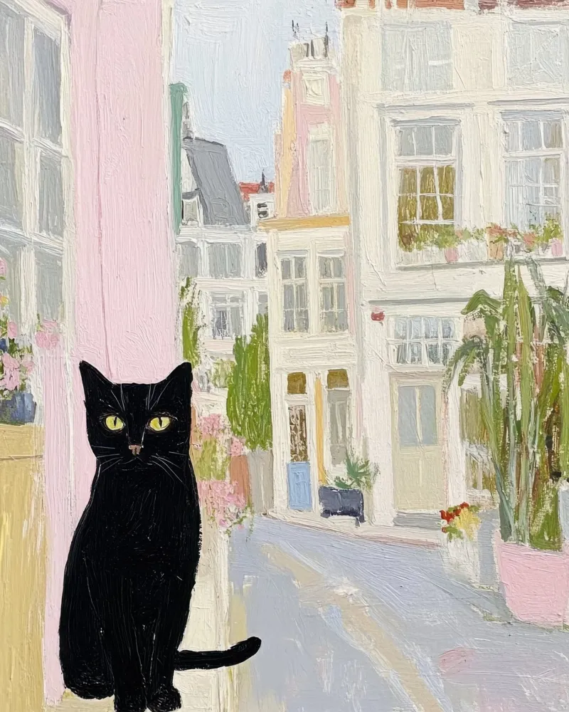 Gatto nero in strada, arte di viaggio in città plexiglass da Peaches Art Prints