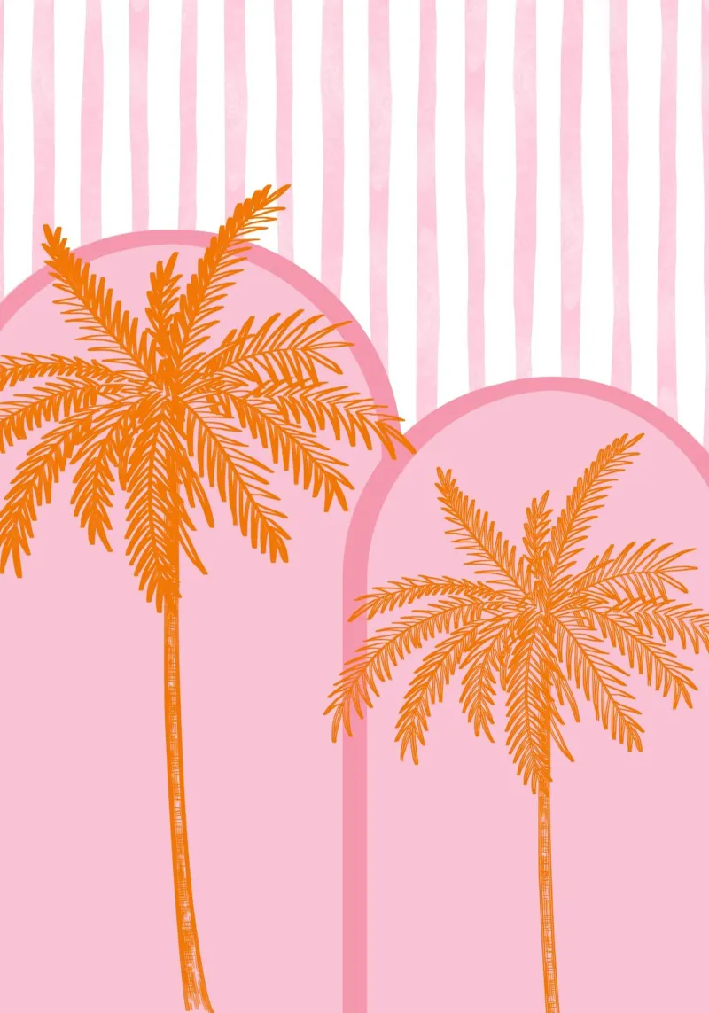 Alberi di cocco, stampa tropicale estiva, arancione e rosa poster con telaio in legno da pdigitalprints