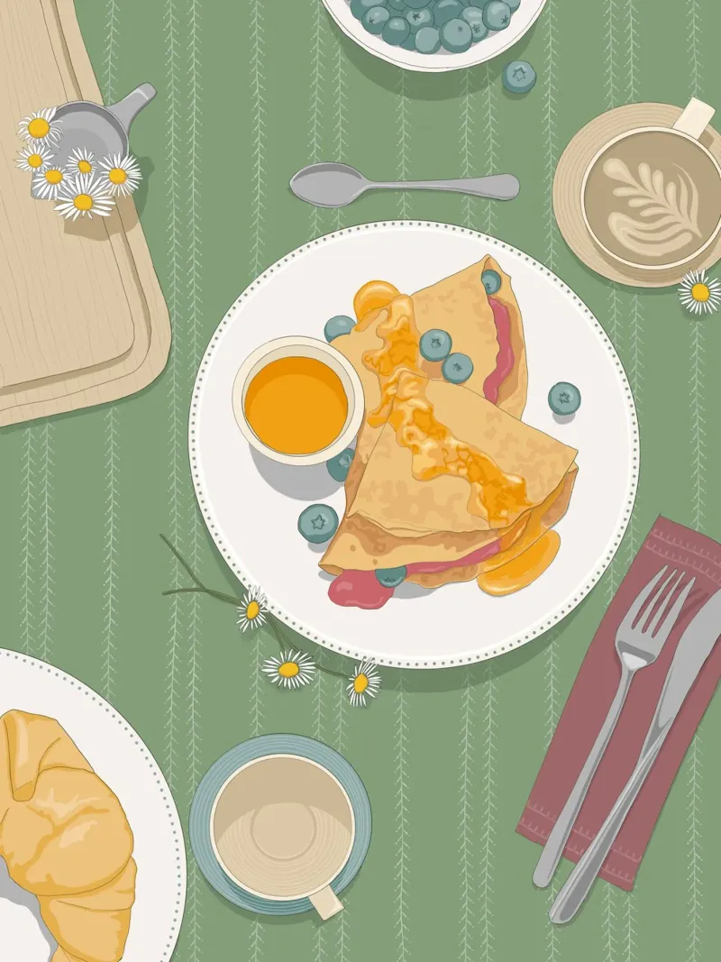 Stampa artistica sulla colazione a base di crepes per la cucina e la sala da pranzo poster con telaio in legno da Sofi Ka