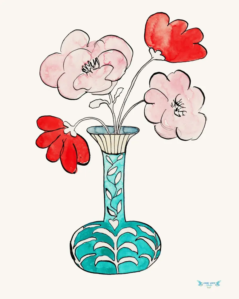 Two red and two pink flowers carta hahnemühle da Corinne Korda Studio