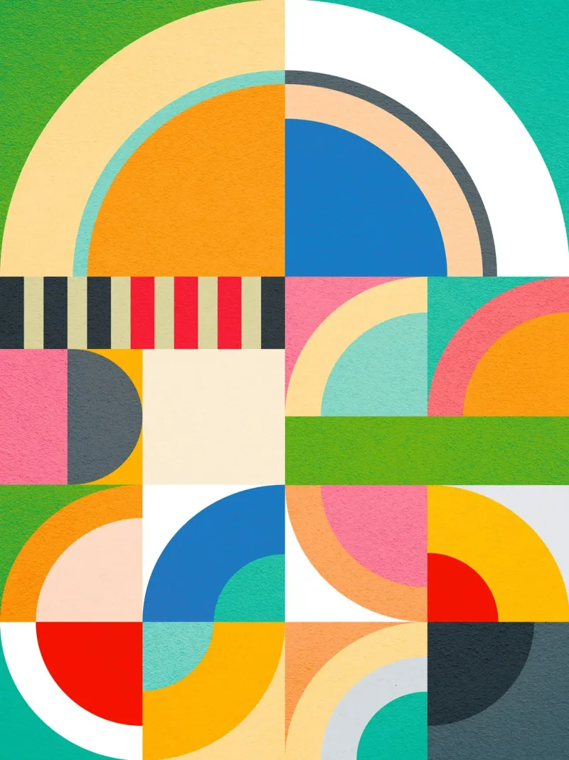Geometria Bauhaus vivace e giocosa poster con telaio in alluminio da Dominique Vari Abstract