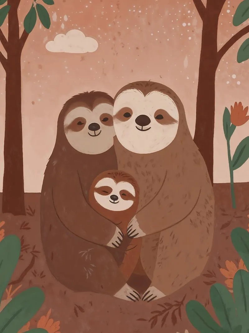 Famiglia di bradipi amichevoli poster con telaio in alluminio da SnoopyAnimals