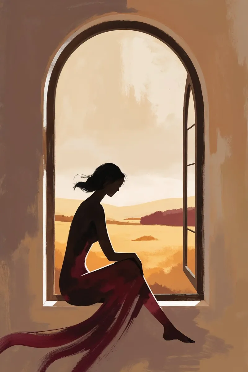 Silhouette of a Woman in a Golden Window poster with aluminum frame by AlbertKlee