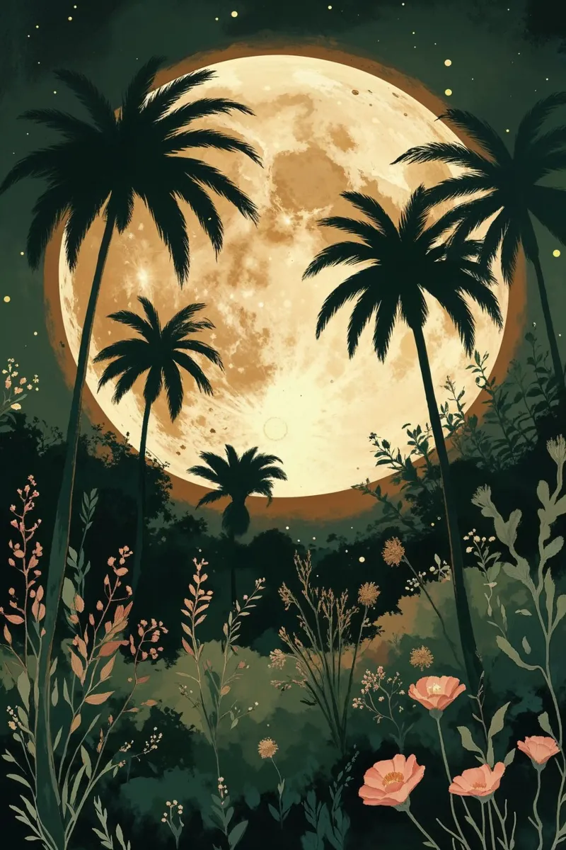 Tropical Moonrise Amidst Palm Trees alluminio dibond da AlbertKlee