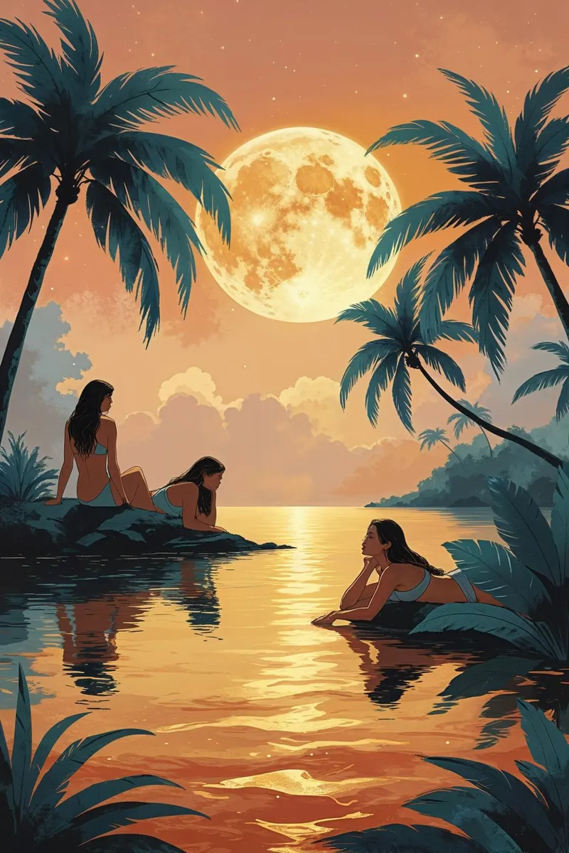 Moonlit Serenity with Women by the Water poster con telaio in plastica da AlbertKlee