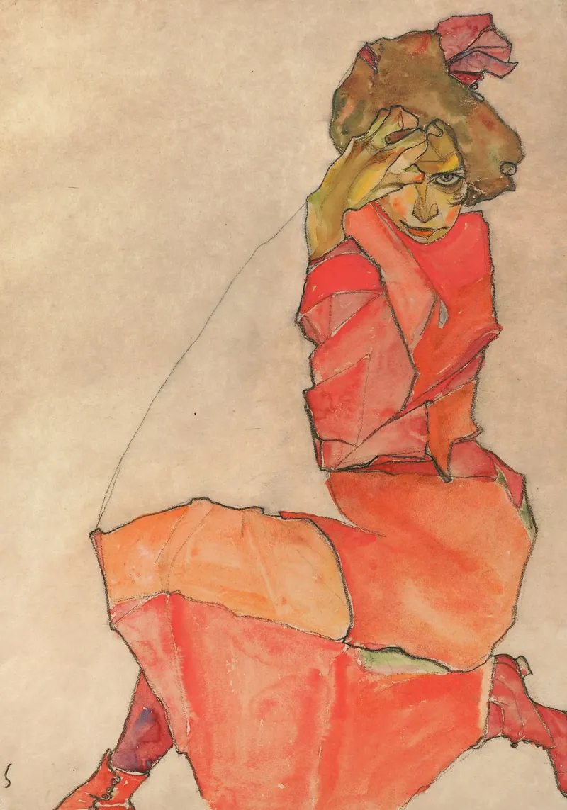 Egon Schiele - Donna inginocchiata in abito rosso-arancio pellicola backlit da Timeless Artworks